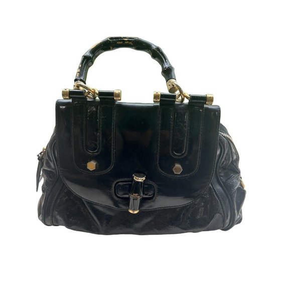 Gucci Navy Leather XL Two-Way Dialux Pop Bamboo Satchel - Picture 1 of 11